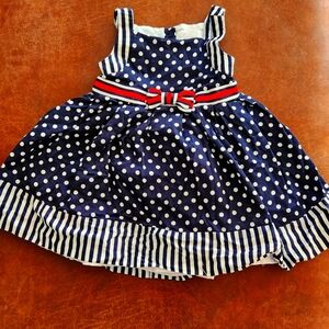 Heirloom By Polly Flinders Navy Polka Dot Dress with Red Bow